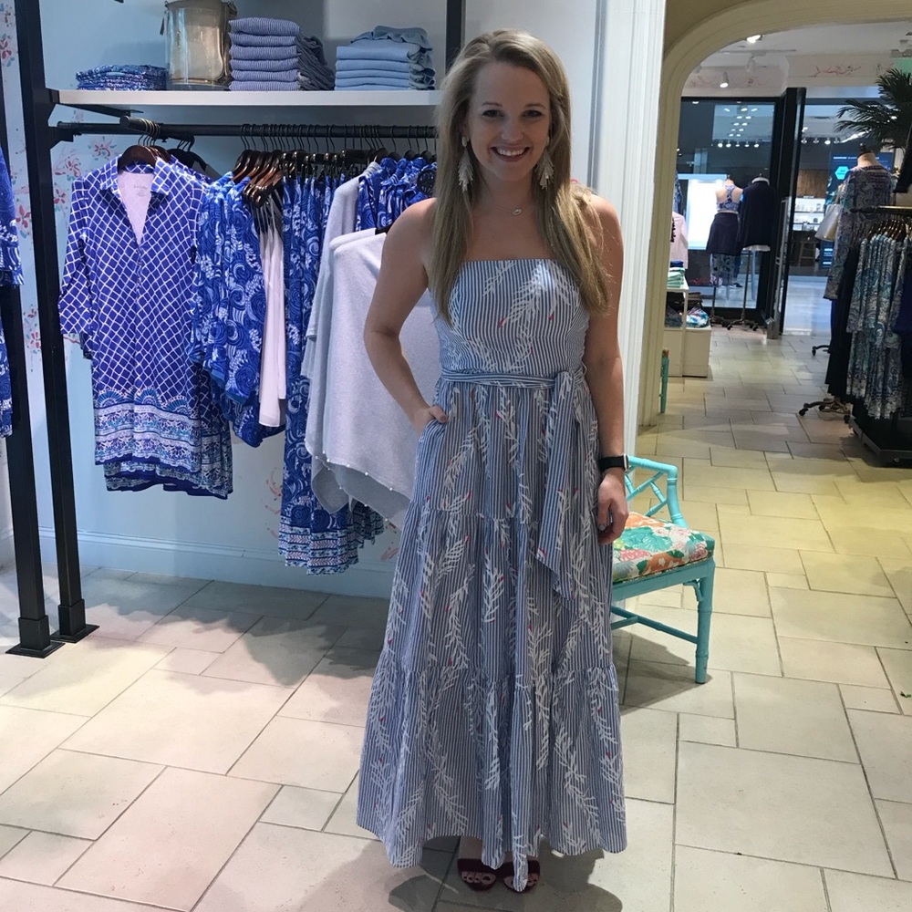 Lilly Pulitzer Strapless Blue and White Maxi Dress
